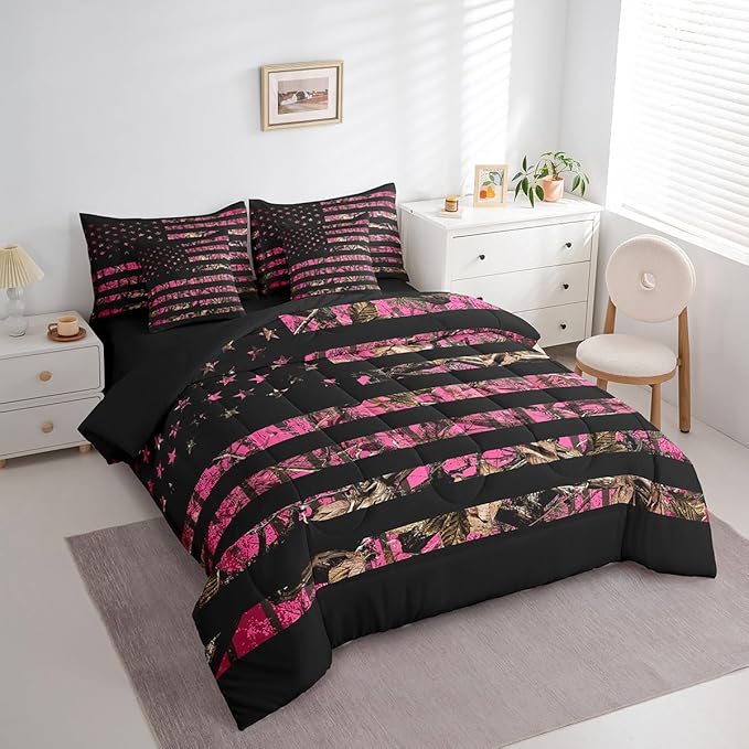 Feelyou American Flag 7 Pieces Bedding Set, Queen Size Hot Pink Camouflage All Season,Bed in a Bag with Comforter, Sheets, Pillowcases Branch Hunting Bed Set Breathable Camouflage Hunter Room Decor