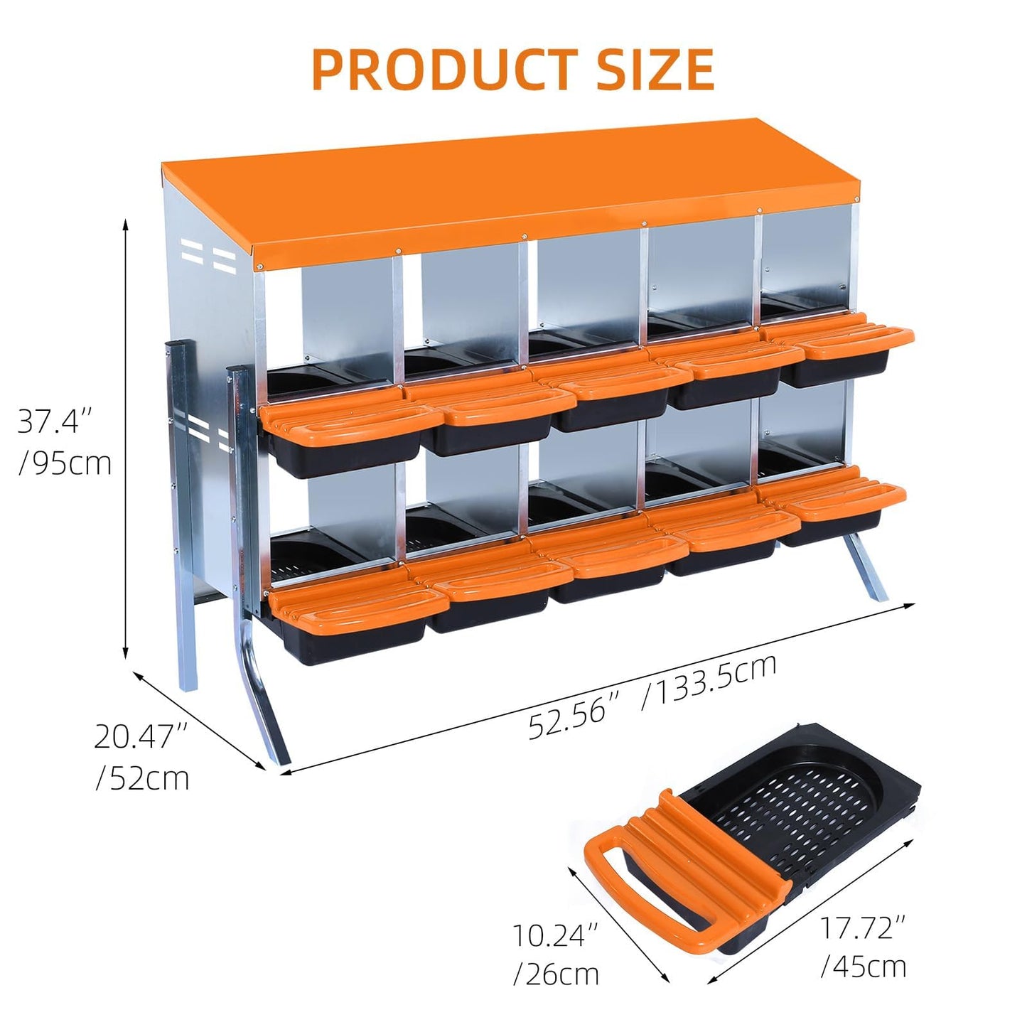 Chicken Nesting Boxes, 10 Hole Metal Chicken Laying Box with with Removable Trays and Roll Out Egg Collection for Chicken Coop, with Metal Bracket, Orange