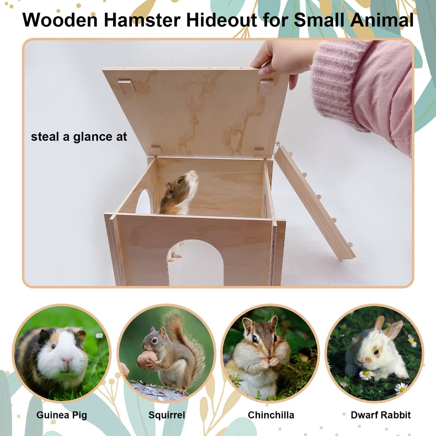 kathson Guinea Pig Hideout House,Wooden Chinchilla Hide Hut with Climbing Ladder and Windows, Hamster House for Mouse Hedgehog Squirrel Mice Gerbils Hiding Sleeping and Playing