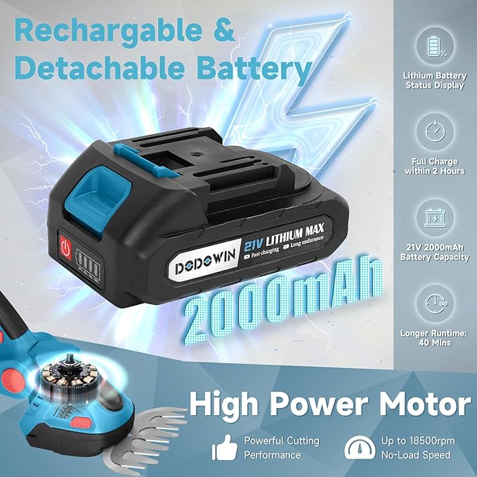 DODOWIN Hedge Trimmer Cordless, 2 in 1 21V Handheld Electric Weed Shears and Bush Trimmer, with 1 Rechargeable Batteries 1 Charger, Garden Tools Gift for Men, Dad, Husband Christmas Stocking Stuffers