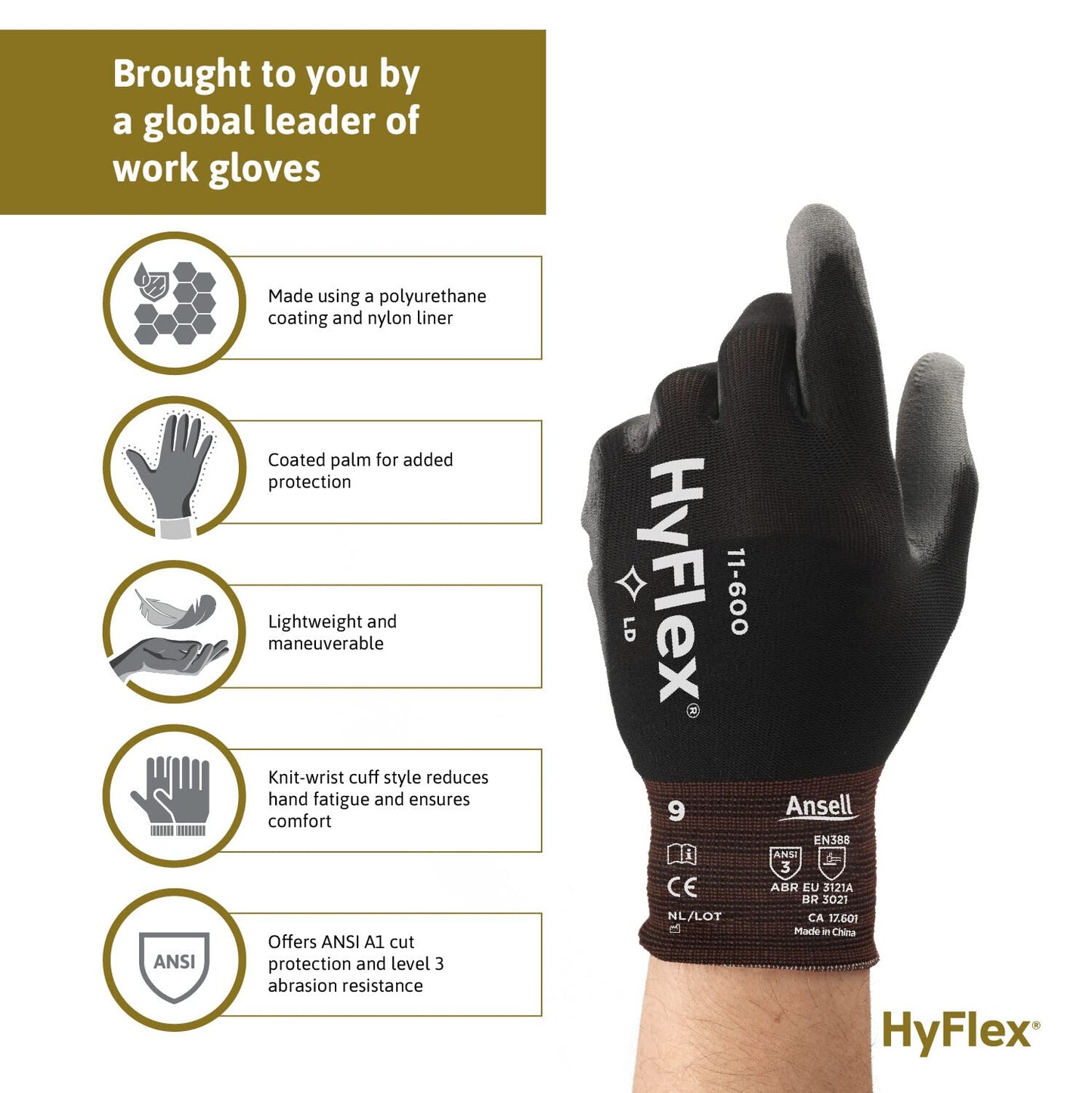 Ansell HYFLEX 11-600 Light Duty Nylon Industrial Gloves w/Palm Coating for Metal Fabrication, Automotive - Small (7), Black (144 Pairs)