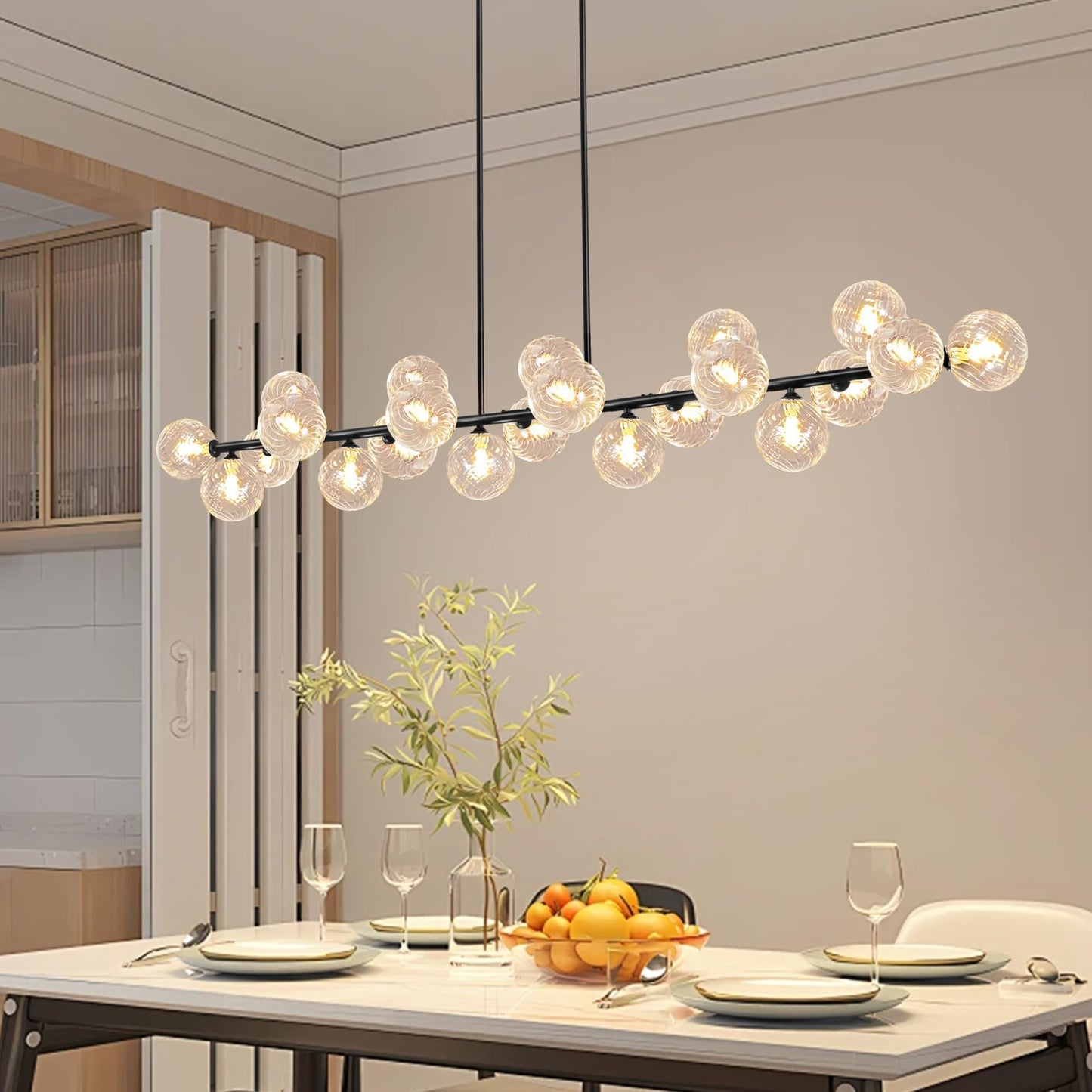 Lzawvm Modern Linear Chandeliers for Dining Room 70 Inhch Sputnik Linear Chandelier Clear Striped Glass Globe Pendant Light for Kitchen Island, Farmhouse, Living Room, Dia 70 Inch
