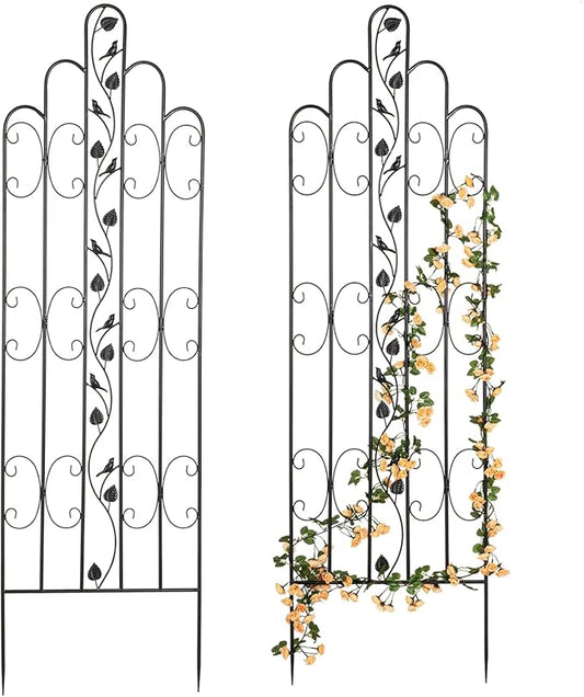 Idzo Decorative Metal Trellis for Climbing Plants Outdoor, Anti-Corrosion Powder Coated Garden Trellis, Sturdy Long Spikes, 71 Inch, Black Bird Pattern