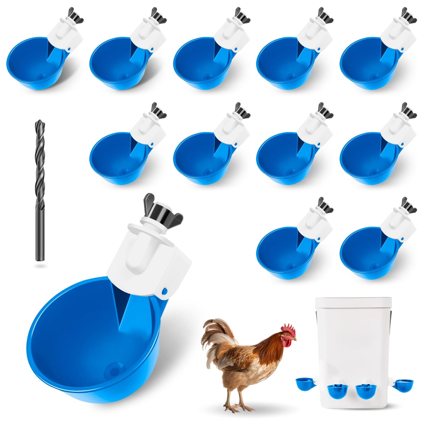 Chicken Water Cups 12pcs - Automatic Filling Waterer Feeder, Gravity DIY Poultry Watering System, Chicken Water Dispenser Bowl, Chicken Coop Accessories for Hens, Duck, Goose, Turkey (Blue)