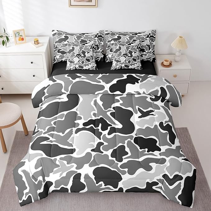 Feelyou Duck Hunter Grey Camouflage Hunting 7 Pieces Bedding Set, Queen Size Black Brown All Season,Bed in a Bag with Comforter, Sheets, Pillowcases Camo Army Bed Set Breathable Wild Room Decor