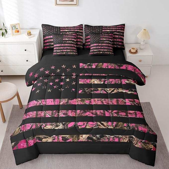 Feelyou American Flag 7 Pieces Bedding Set, Queen Size Hot Pink Camouflage All Season,Bed in a Bag with Comforter, Sheets, Pillowcases Branch Hunting Bed Set Breathable Camouflage Hunter Room Decor