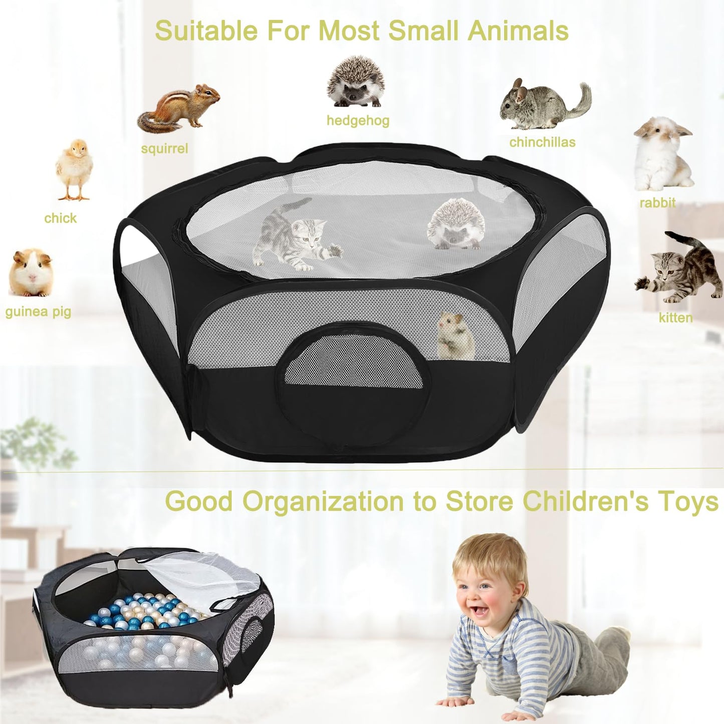 Deapeey Small Animal Playpen, Portable Kitten Playpen with Double Covers, Pop Up Guinea Pig Playpen Indoor Outdoor Bunny Playpen for Rabbit, Hamster, Hedgehogs, Chinchillas, Ferret, Bearded Dragon