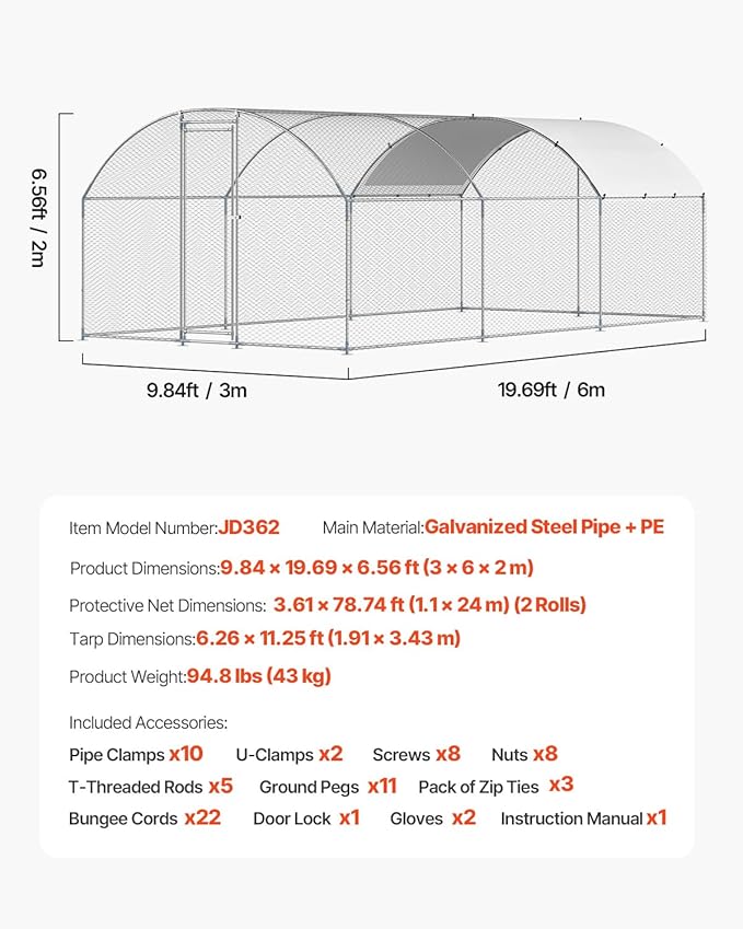 VEVOR Metal Chicken Coop, 19.6 x 9.8 x 6.5 ft Dome-Roof Chicken Run