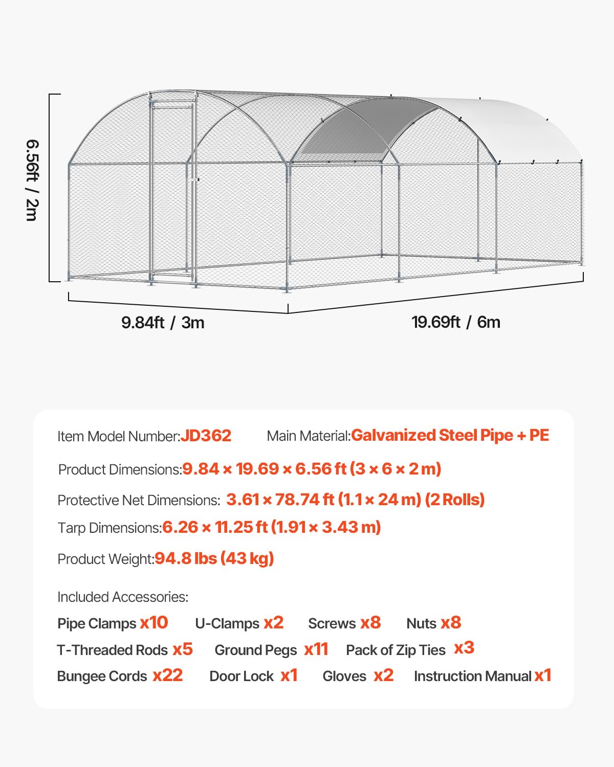 VEVOR Large Metal Chicken Coop, 19.7x9.8x6.5ft Walk-in Chicken Runs for Yard with Cover, Spire Roof Hen House with Security Lock for Outdoor and Backyard, Farm, Duck Rabbit Cage Poultry Pen