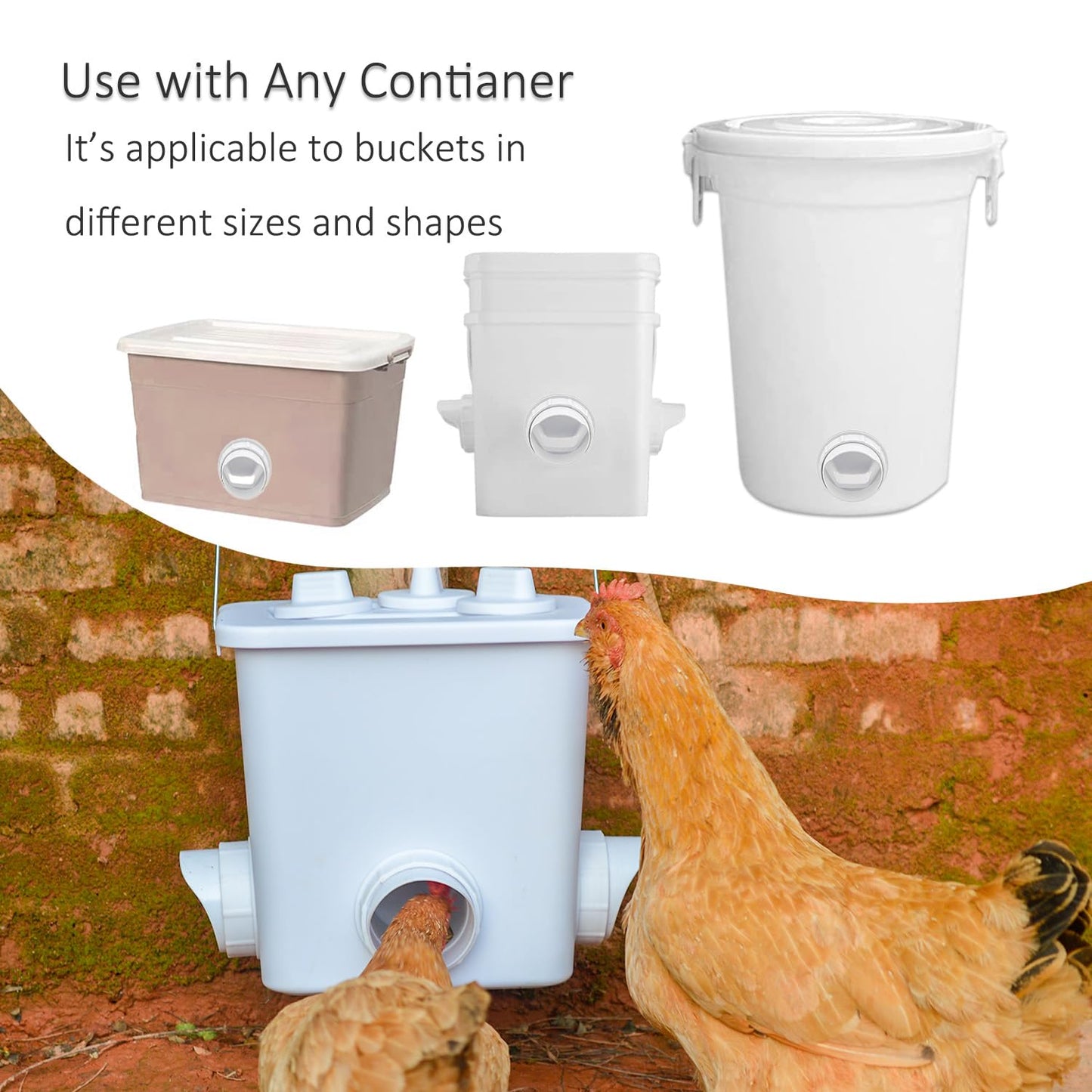 Chicken Feeder No Waste DIY Automatic Poultry Feeders 8 Ports with Covers Gravity Feed Kit for Buckets, Barrels, Bins, Troughs