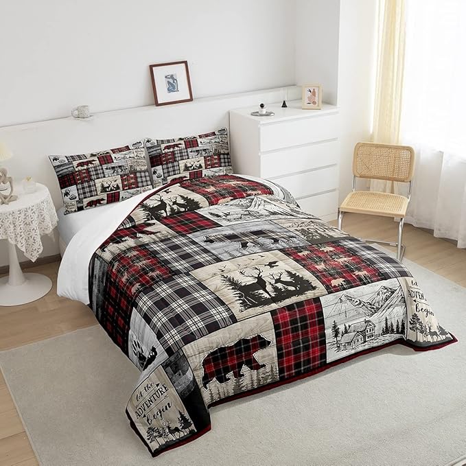 Rustic Cabin Comforter Set King Woodland Wolf Deer Bear Comforter For Kids Adults,Red Black Buffalo Plaid Bedding Set Wildlife Camping Lodge Mountain Quilt Bedding Southwestern Farmhouse Decor