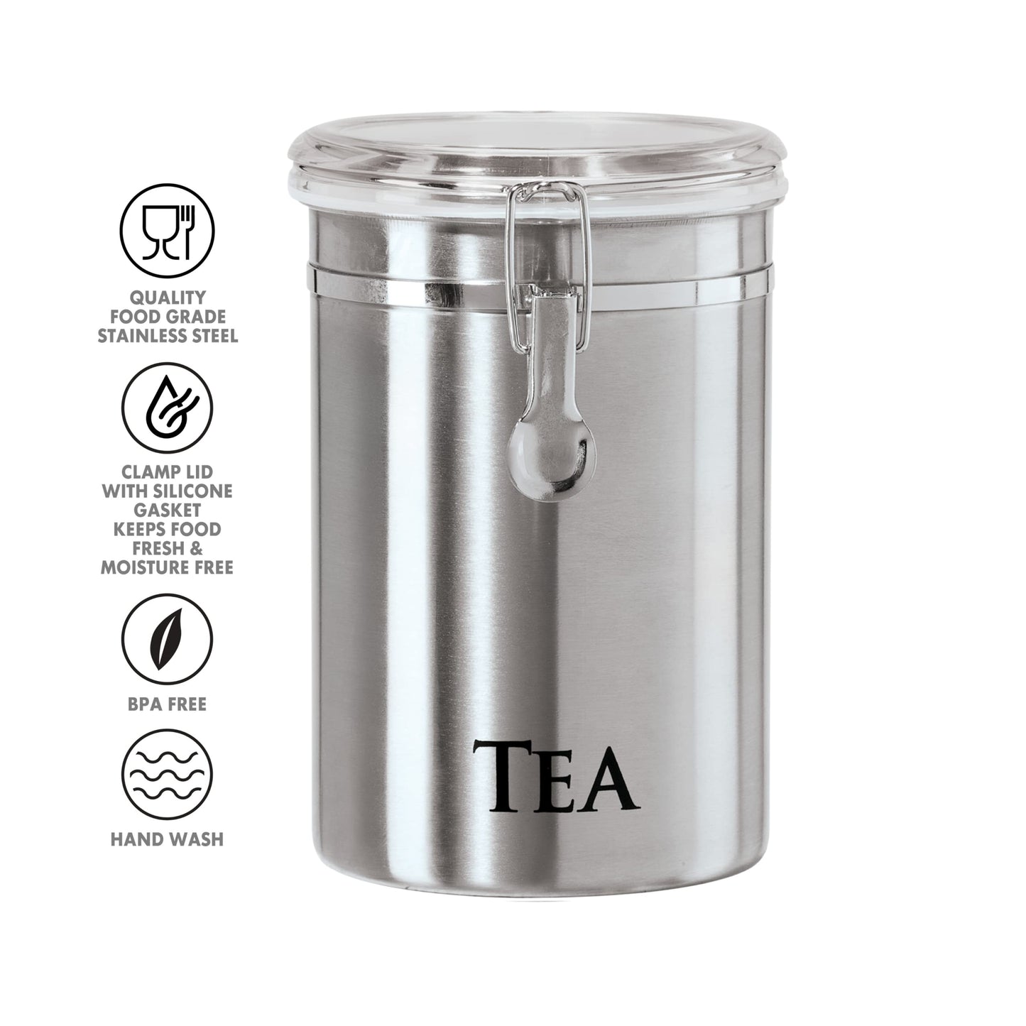 Oggi Stainless Steel Tea Canister 62 fl oz - Airtight Clamp Lid, Clear See-Thru Top - Ideal for Tea Bag, Loose Tea, Kitchen Storage, Pantry Storage. Large Size 5" x 7.5".