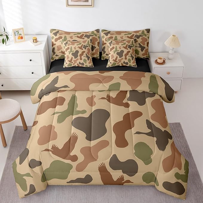 Feelyou Camo and Duck Bed Set Boys Girls Full Size Duck Hunting 7 Pieces Bedding Set For Kids Women Men Ultra Soft Duck Hunter Bed Set Includes Comforter, Sheet Set, Pillowcases Brown Green Room Decor