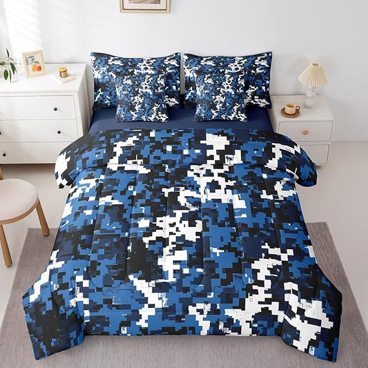 jejeloiu Blue Camouflage Comforter Set with Sheets for Kids Boys Girls Camo Bed in a Bag King Size Military Style Vintage Abstract Geometric Disruptive Pattern 7 Pieces Bedding Set Bedroom Decor Soft