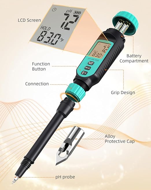 Tadeto Soil pH Tester, High Accuracy Digital pH Meter for Soil, Garden, Water, Plants, Solution and Food, Soil pH Test Kit with Thermometer LCD Display, Calibration Powder and Alloy Protective Cap