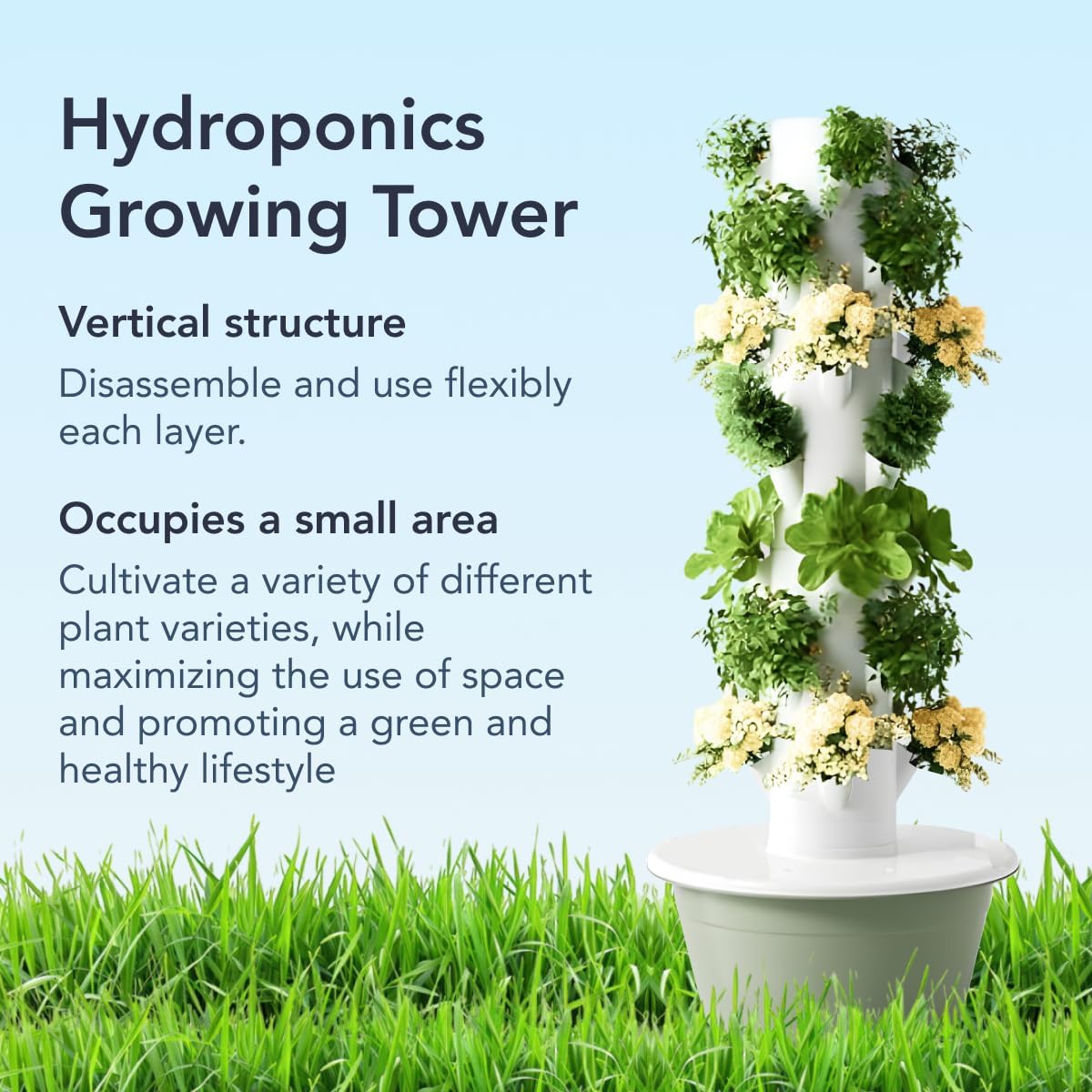 Flora Indoor Hydroponic Garden Tower with LED Grow Lights - Self-Watering Hydroponics System with Pump, Adapter, and Net Pots for Growing Herbs & Vegetables