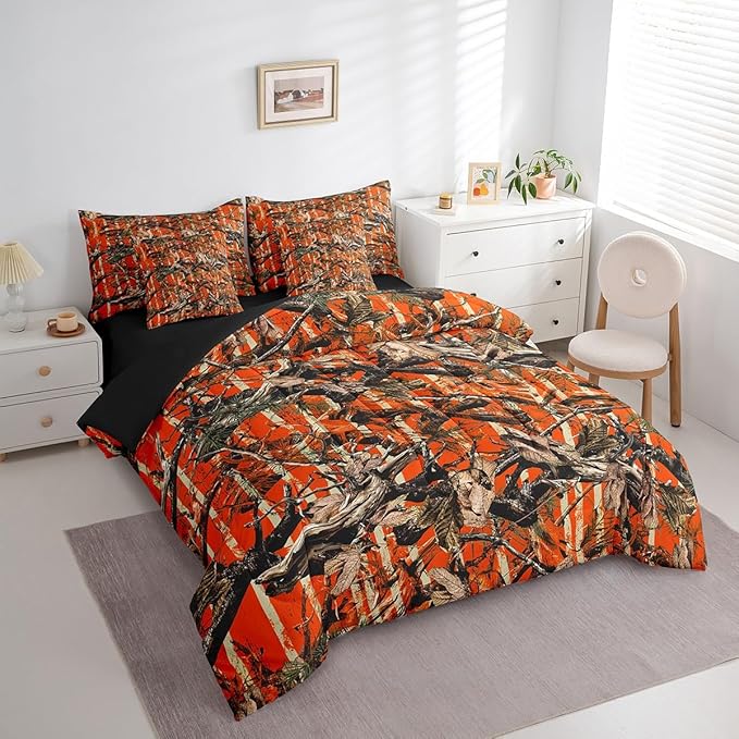 Feelyou Tree Branches 7 Pieces Bedding Set, for Kids Wild Hunting Leaf Bed Set Full Size Botanical Tree Bed in a Bag with Comforter, Sheets, Pillowcases Bedroom Decor Nature Theme Orange Brown