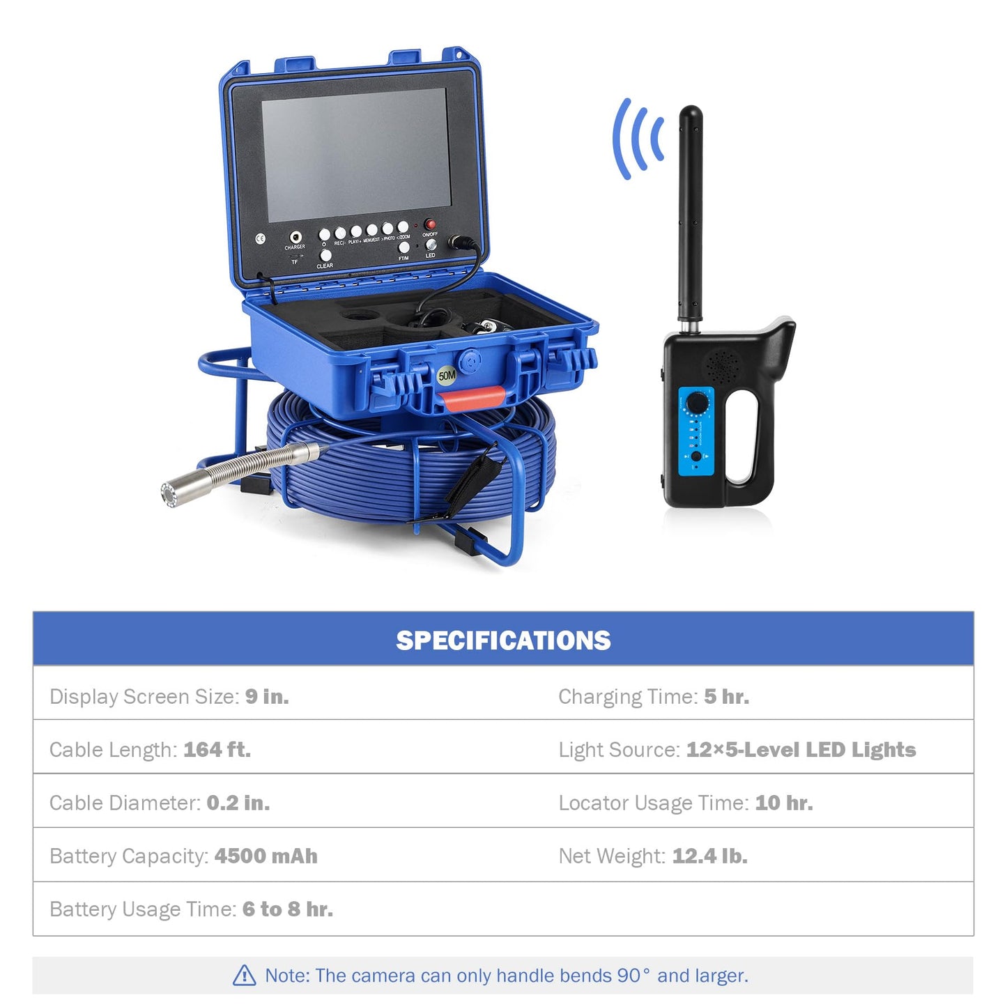 ZELCAN Self-Leveling Sewer Camera with Locator, Drain Camera 165FT with 9 in. LCD Screen, Waterproof IP68 Borescope Plumbing with 12 LED Lights, with 512Hz Transmitter and Receiver(32GB Card)