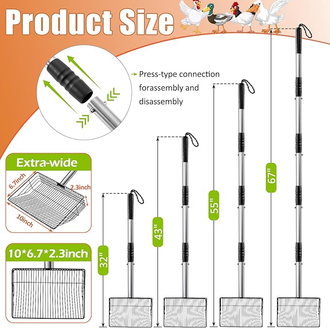 10 Inch Large Metal Chicken Poop Scooper for Sand & Coop Cleaning - Long Sifting Shovel with 24"-68" Adjustable Handle, 5 Lengths Heavy Duty Stainless Steel