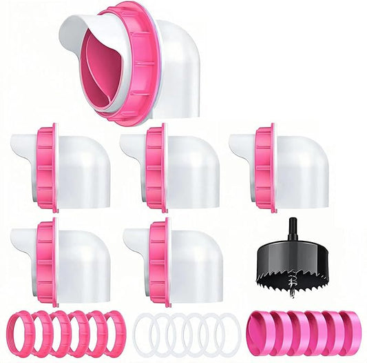 Chicken Feeders No Waste 6 Ports, 4 inch DIY Poultry Feeder with 6 Covers 1 Hole Saw, Rain Proof Automatic Gravity Chicken Feeder Kits for Buckets, Barrels, Bins, Troughs (Pink)