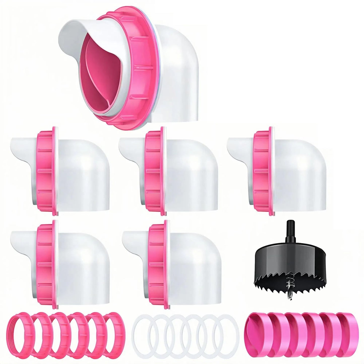 Chicken Feeders No Waste 6 Ports, 4 inch DIY Poultry Feeder with 6 Covers 1 Hole Saw, Rain Proof Automatic Gravity Chicken Feeder Kits for Buckets, Barrels, Bins, Troughs (Pink)