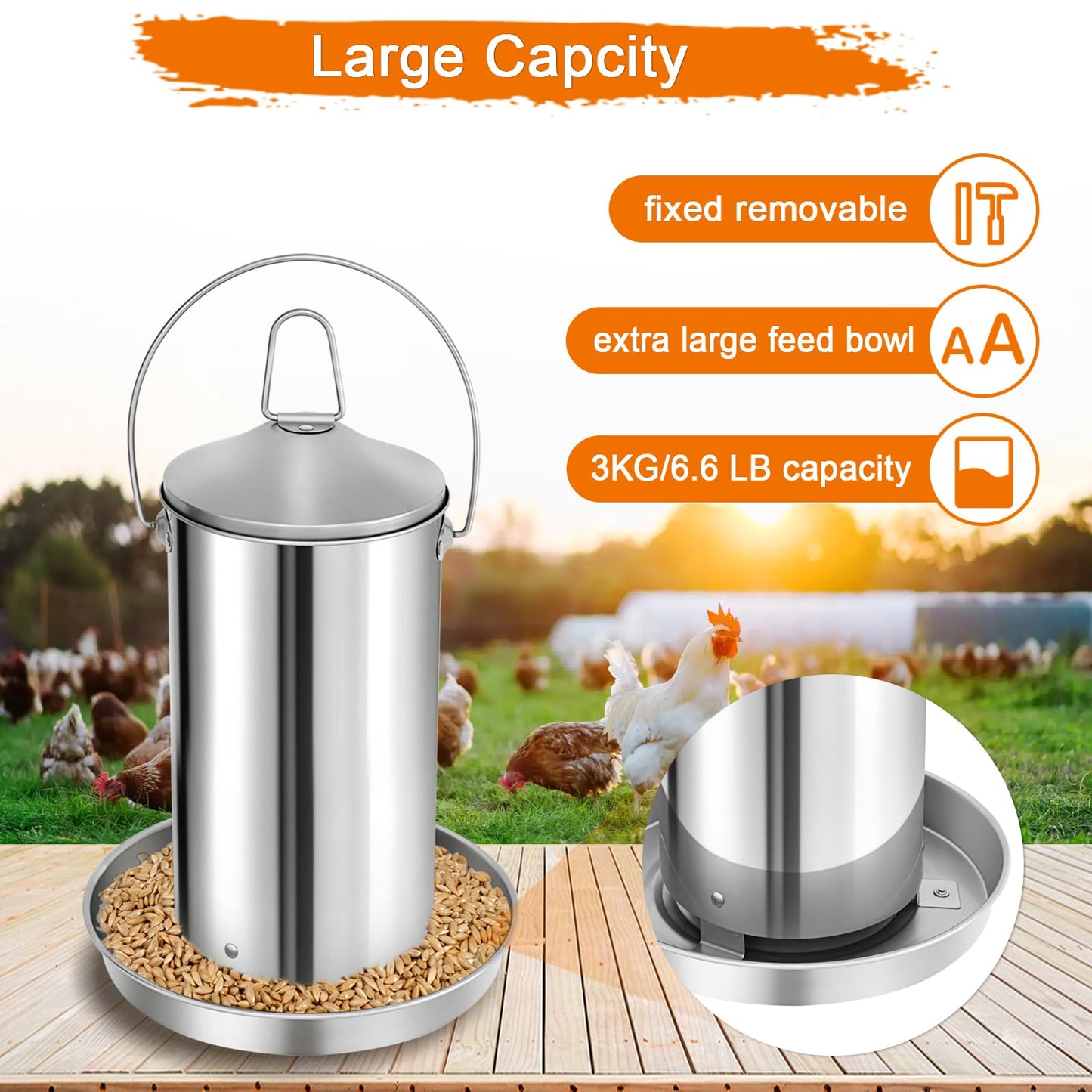 RYFT Automatic Chicken Feeder 3KG/6.6lbs, Stainless Steel Poultry Feeder, Heavy Duty Thickness 0.035 in / 0.9 mm, with Handle, Top Filled, Durable and Rust Resistant