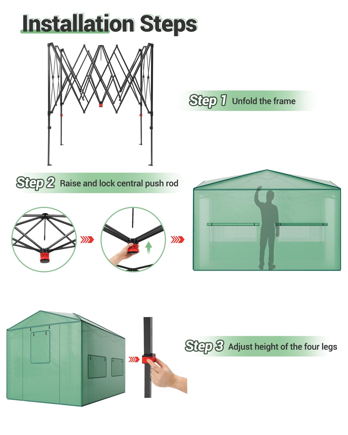 8X12 FT Portable Greenhouse for Outdoor,243 x 365 CM Wall in Pop Up Greenhouse for Gardening Plant, Zipper Roll Up Door & 4 Mesh Window, Double Frame, PE Cover Grow Tent for Winter, Green