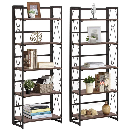 VECELO 2 Set Folding Bookshelf 5-Tier,Industrial Metal Frame & Wood Shelves,Foldable Bookcase No Assembly Free Standing Storage Organizer for Living Room,Office,Bedroom