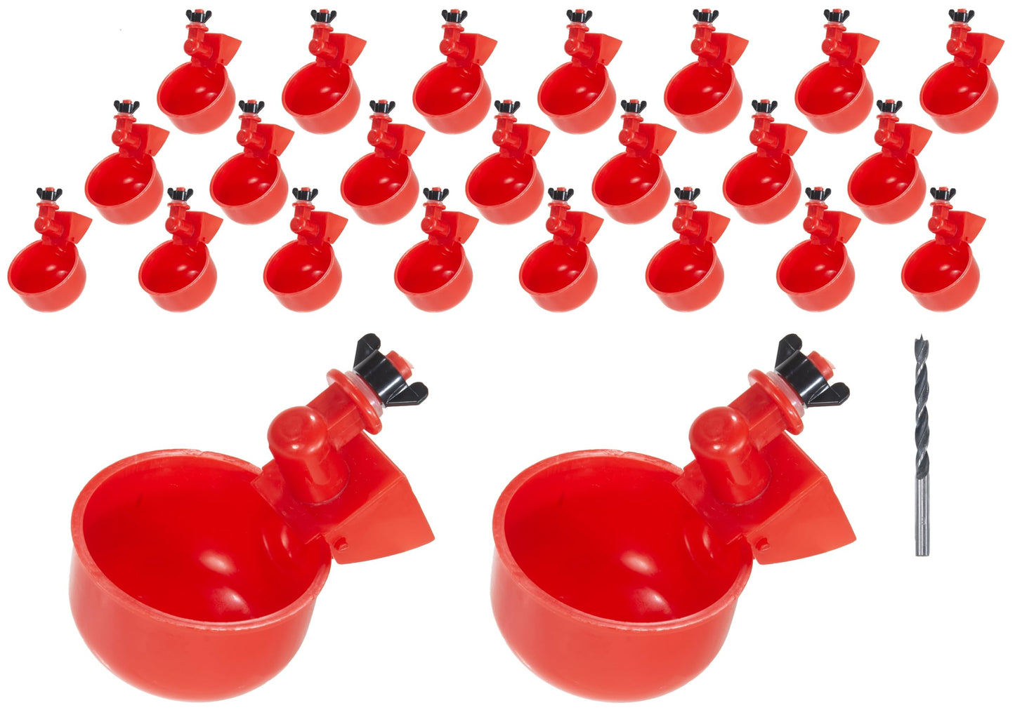 Chicken Waterer Cups, Automatic Chicken Drinkers, Chicken Water Dispenser,Poultry Drinker Set with Drill (Red, 24 Pack)