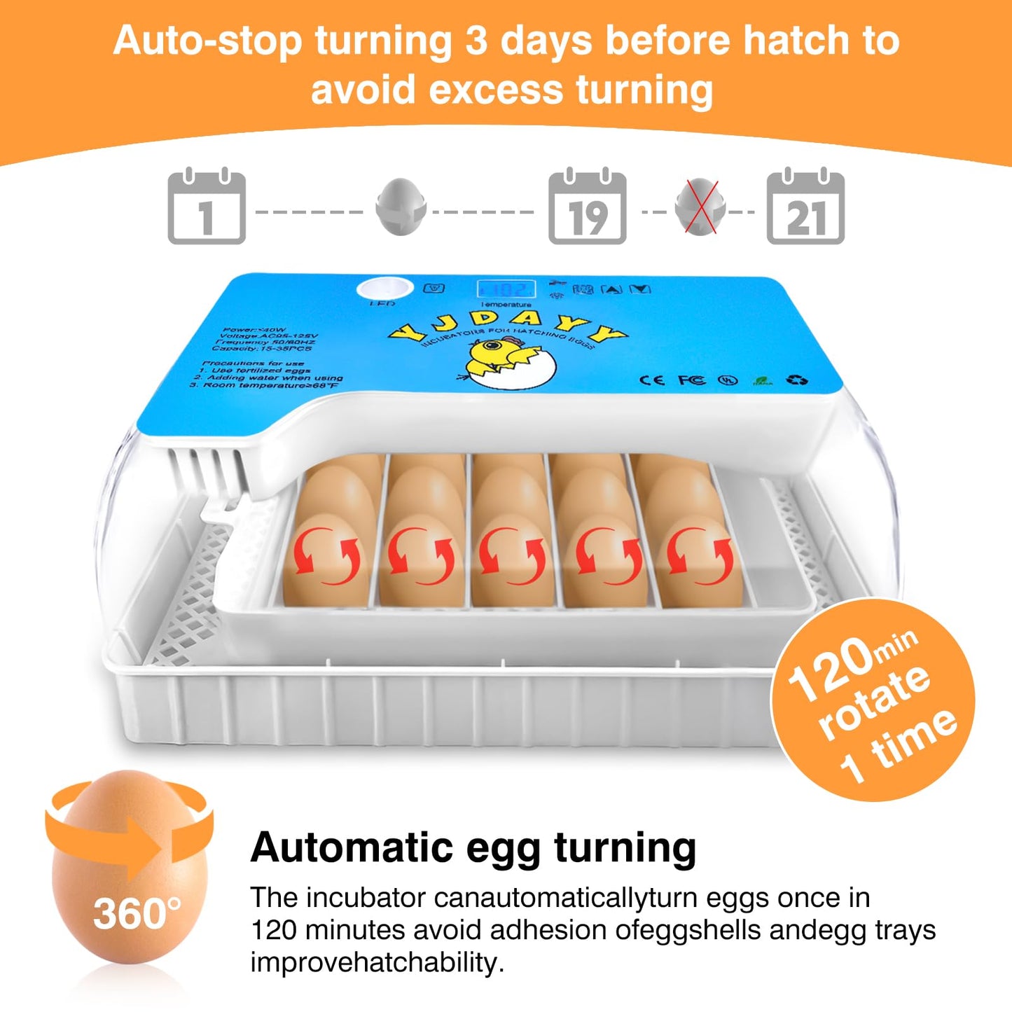 Incubators for Hatching Eggs 15-35 Eggs Incubator with Automatic Egg Turning and ℉Temperature Display LED Candler Poultry Incubator for Hatching Chicken Duck Deviled Egg Containers (Blue)