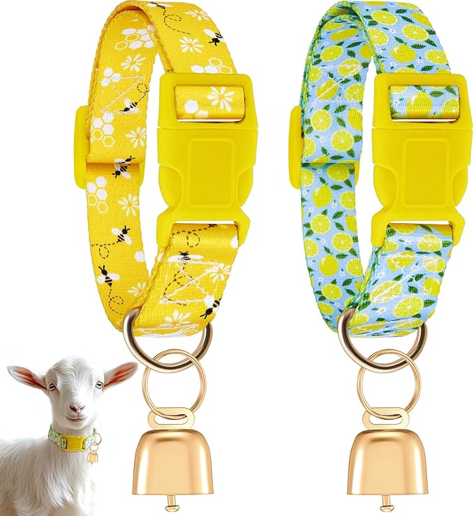 Talltalk 2 Pack Goat Collars with Bells Grazing Copper Bell and Adjustable Nylon Collar Set Loud Bronze Bell for Farm Sheep Cow Sheep Dog Accessories Christmas Thanksgiving Gift(Lemon, Bee)