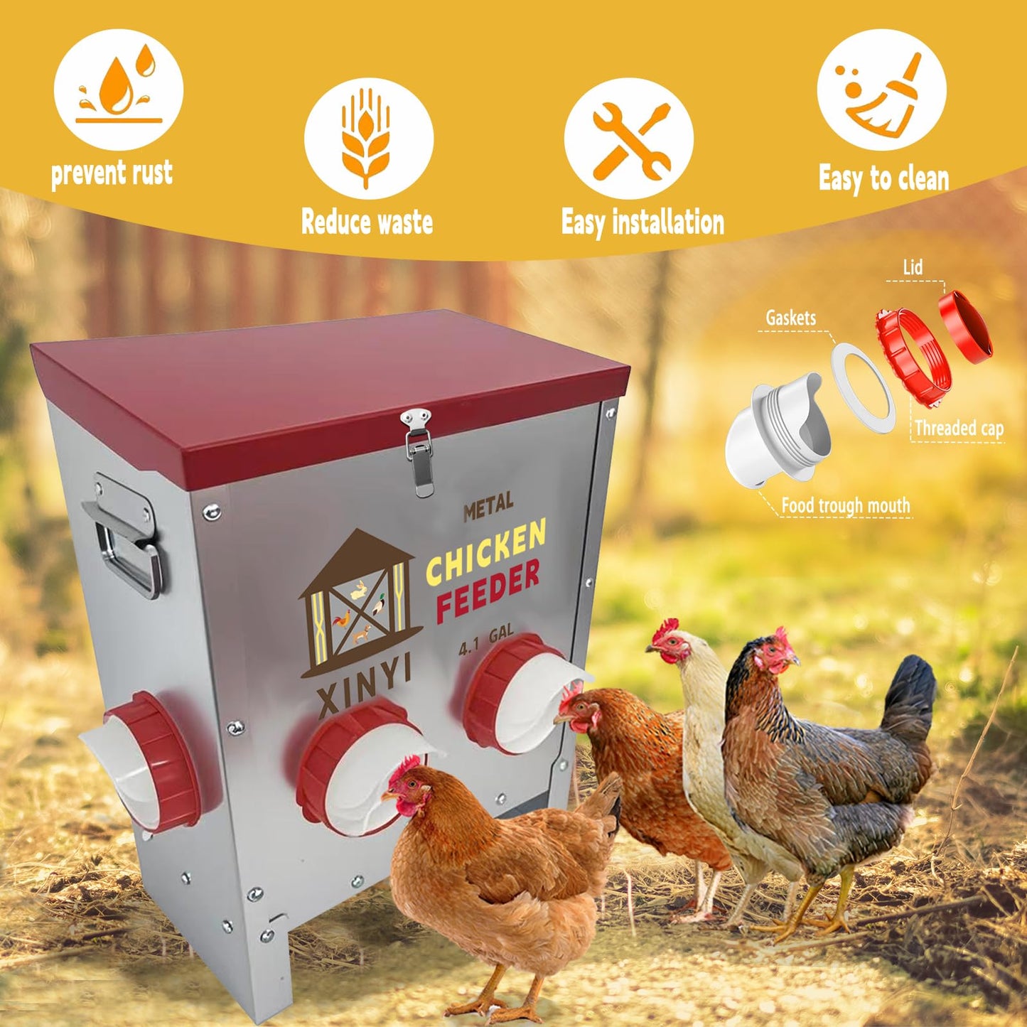 Automatic Chicken Feeder 4 Ports 25lbs Metal Poultry Pro Feeder No Waste Rodent Proof Weatherproof Chicken Food Dispenser System 4.1 Gallon