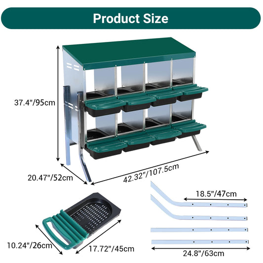 Nesting Boxes for Chickens, Chicken Nesting Box, with Lid Cover to Protect Eggs, 8 Holes with Legs, Green