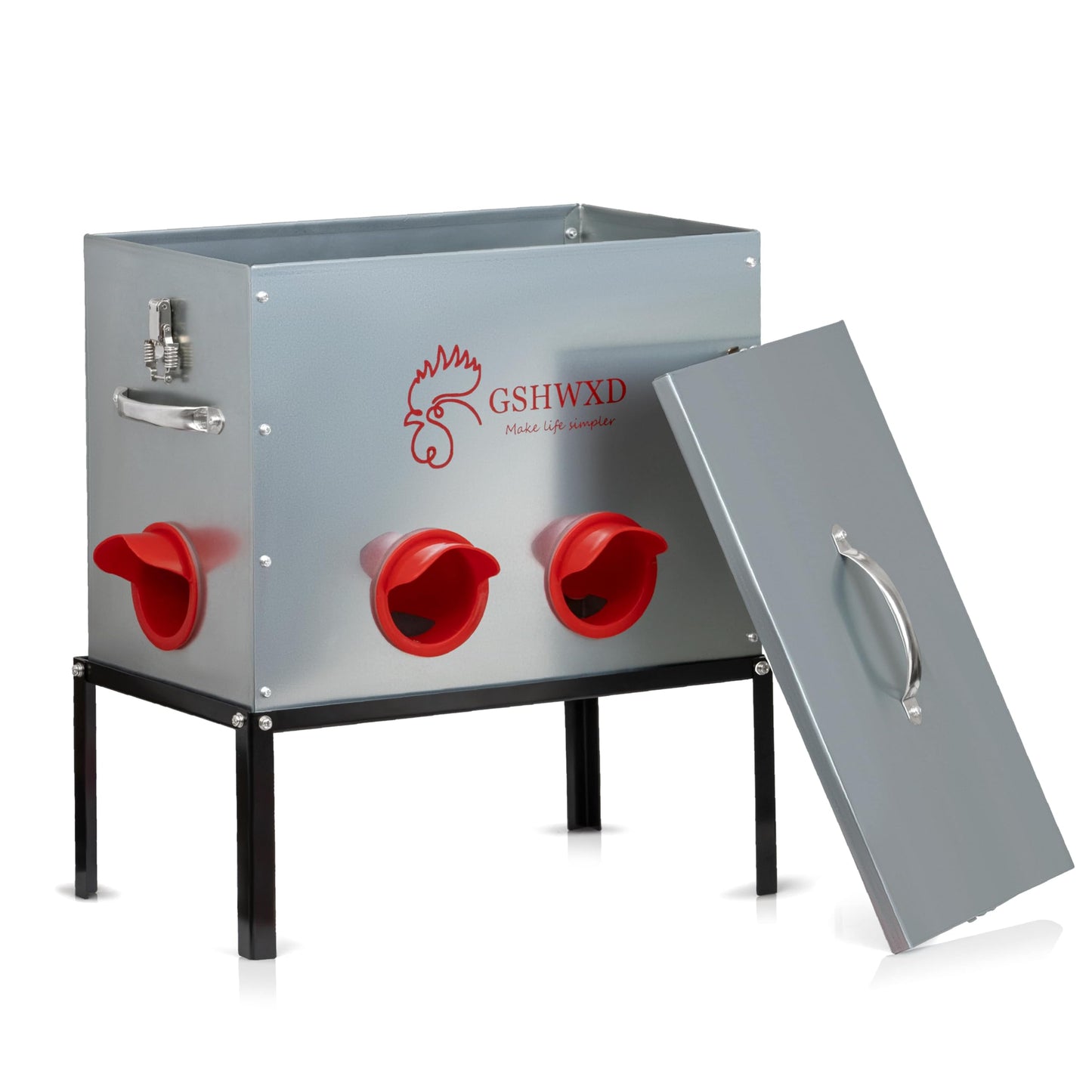 GSHWXD Automatic Chicken Feeder - 40 lb Capacity 6 Port Large Metal Chicken Feeders - No Waste Poultry Feeder with Locking Lid and Legs for Inside Chicken Coops
