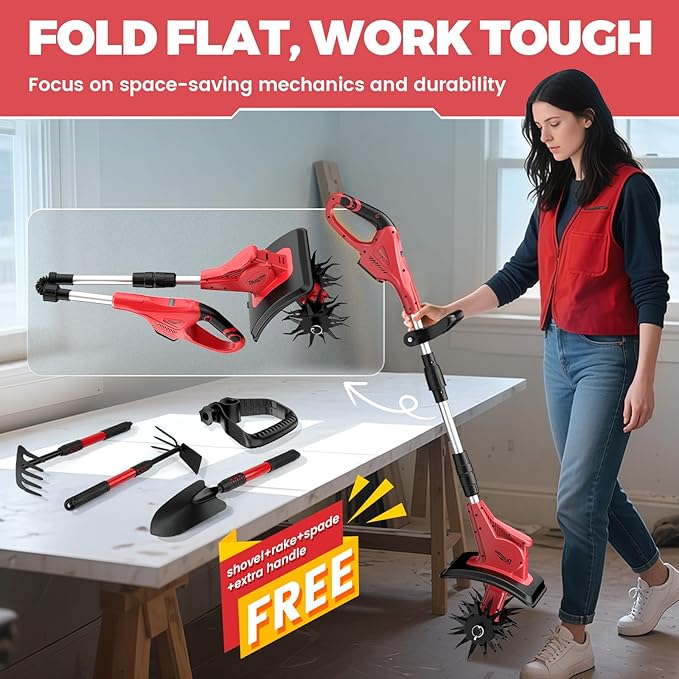 Cordless Electric Garden Tiller Cultivator Compatible with Milwaukee 18V Battery(Tool Only), Folding Electric Rototiller Features 40 Steel Tines 310RPM, Red