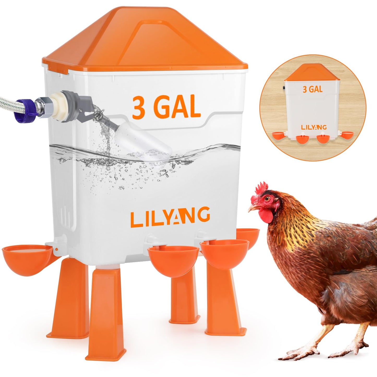 Lilyang Automatic Chicken Waterer 3 Gallon | Float-Control Poultry Waterer, Hanging/Standing Design, Connect to 3/4'' Faucet & Hose, Effortless Hydration Solution for Backyard Coop & Small Farm