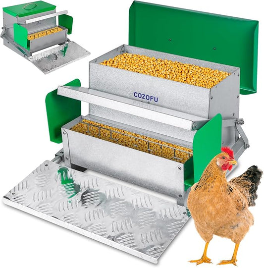 Feeders Automatic Chicken Feeder - Large Capacity for 6-12 Chickens, Lasts 10 Days (25lb Feed), Durable Galvanized Steel, Rat-Proof, No-Spill, Weatherproof Lid