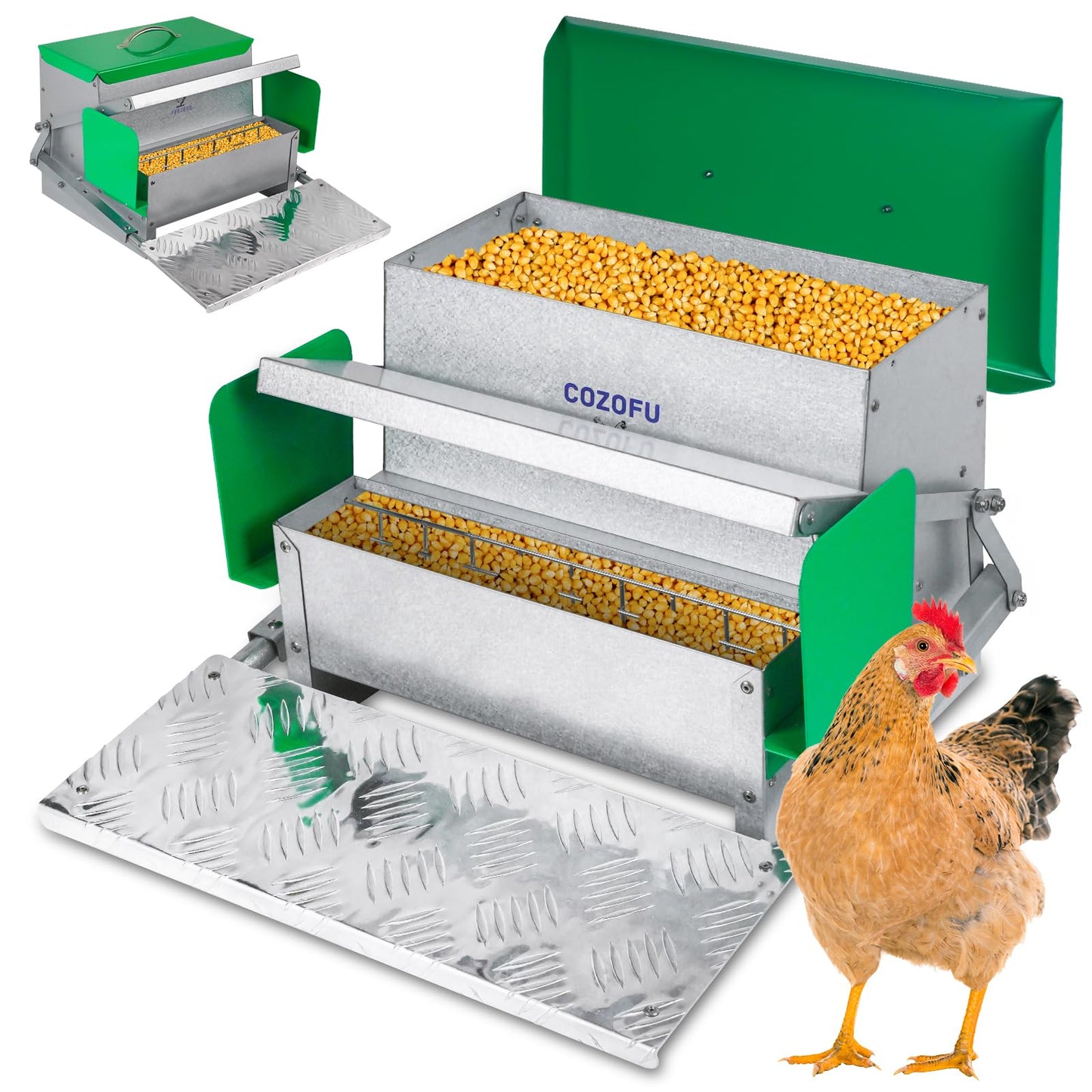 COZOFU Feeders Automatic Chicken Feeder - Large Capacity for 6-12 Chickens, Lasts 10 Days (25lb Feed), Durable Galvanized Steel, Rat-Proof, No-Spill, Weatherproof Lid