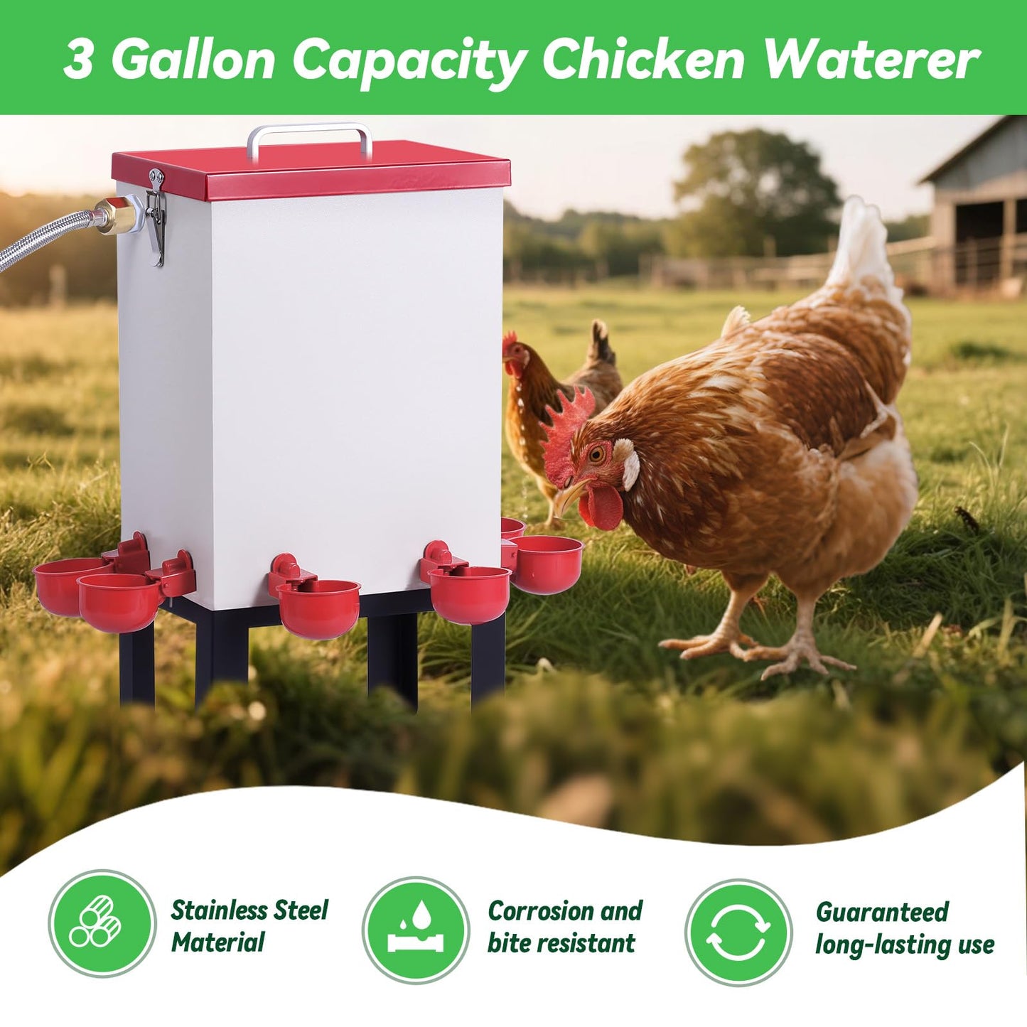 3 Gallon Chicken Waterer,Stainless Steels Automatic Chicken Waterer Feeder with Float Valve,Water Cups, Bottom Bracket and Hose (One End 3/4") Poultry Waterer Dispenser for Quail Duck Goose Turkeys