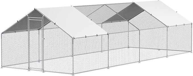 VEVOR Large Metal Chicken Coop with Run, 9.8x26.5x6.5 ft Walk-in Chicken Runs for Yard with Cover, Spire Roof Hen House with Security Lock for Outdoor and Backyard, Farm, Duck Rabbit Cage Poultry Pen