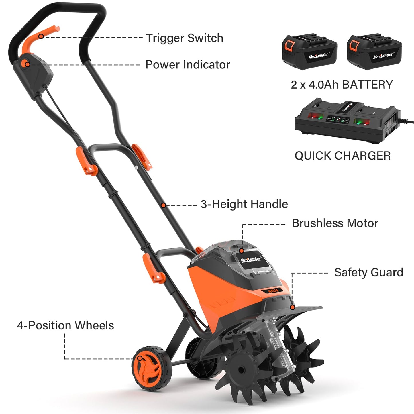 MAXLANDER Cordless Tiller Cultivator, 40V 12-Inch Brushless Battery Powered Garden Tiller with 4 Steel Tines, Powerful 280 RMP Rototiller, 2x4.0Ah Battery and Charger Included