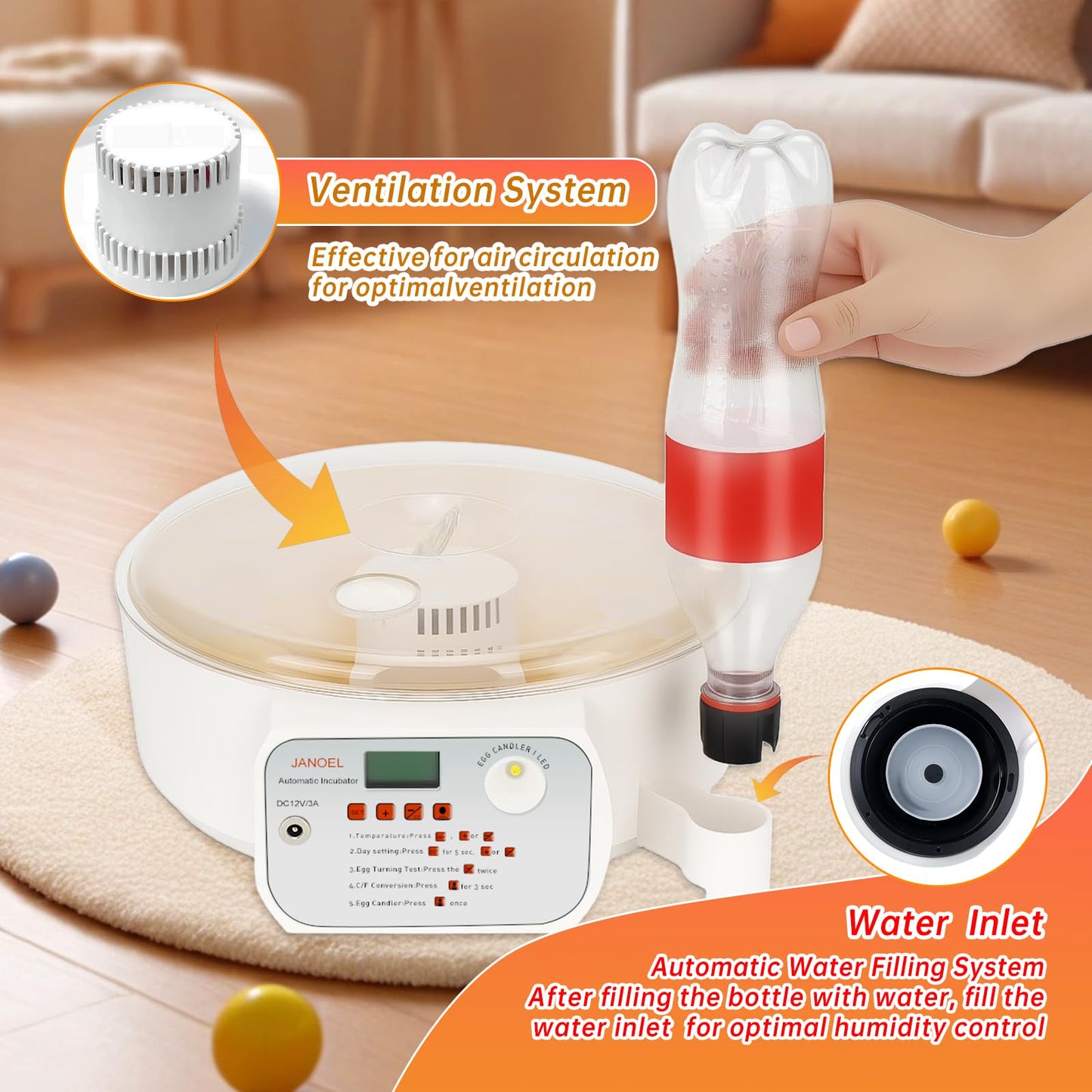 JANOEL Automatic Egg Incubator12-32 Eggs for Hatching Chick,Duck,Goose,Quail & Pigeons with Auto Egg Turnner/Fahrenheit Temperature+Humidity LED Display/Built-in Egg Candler/Perfect for Beginners