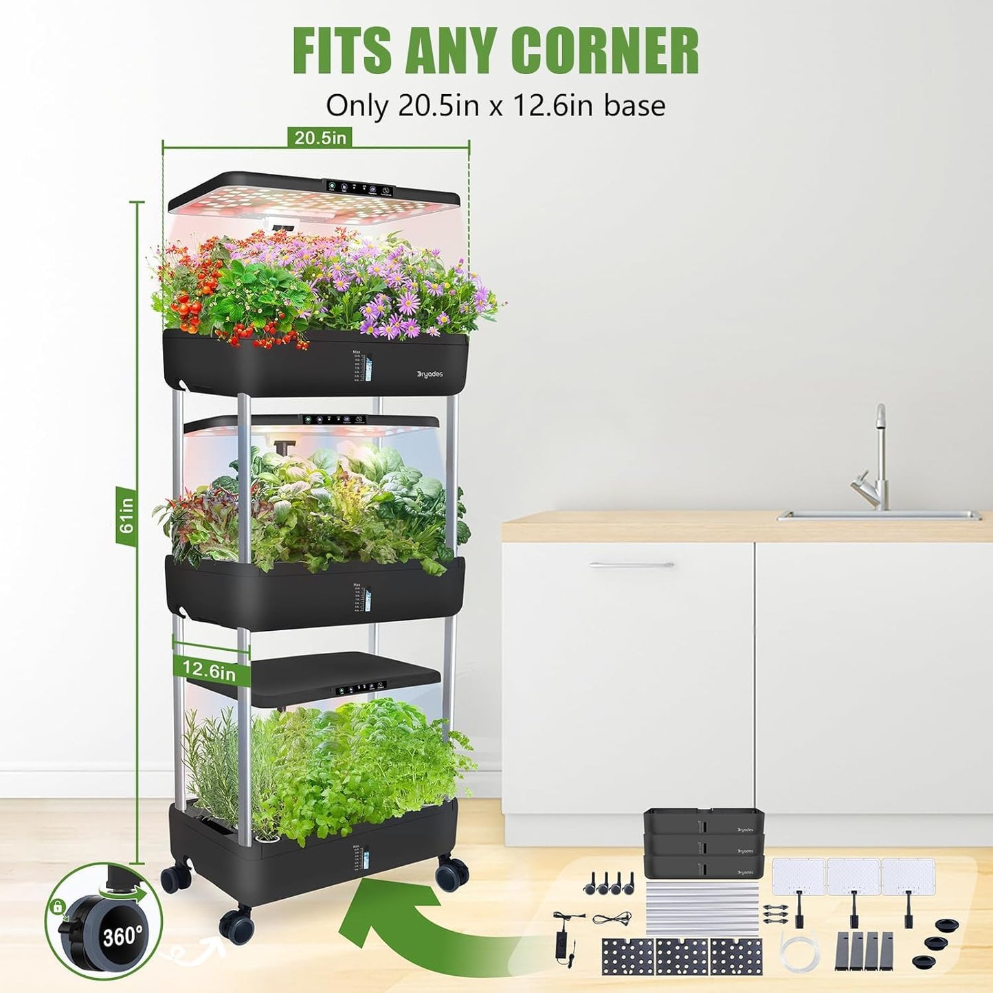 DRYADES 66-Pod Indoor Hydroponic Growing System + 3 Free Seeds Starter Kit (Lettuce, Salad Mixed, Basil Seeds) – Dual 53W Full-Spectrum LED, 10-L Water Tank, 3-Tier Grow Pods
