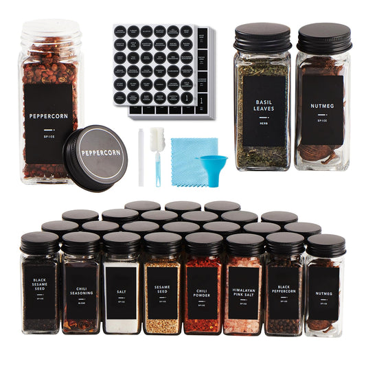 Skiileor 36 Pcs Spice Jars with Label- Glass Spice Jars with Black Metal Caps,Shaker Lids, Funnel, Chalk Pen, Brush,Cleaning Cloth 4oz Seasoning Containers Bottles for Spice Rack, Cabinet, Drawer