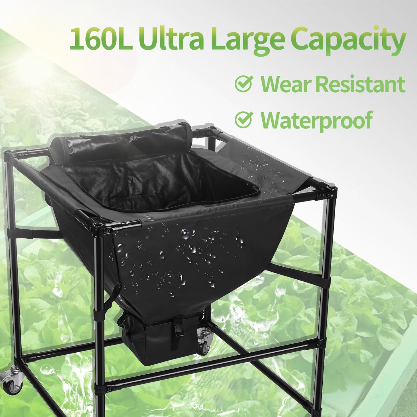 Urban Composting Bag 160L, Layered Harvest Design, Heavy-Duty Casters, All-Metal Frame + Oxford Fabric, Fertilizer Collection, Breathable Lid for Home, Garage, Basement, Kitchen