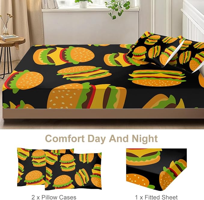 California King Bed Sheets Set - 3 Piece 3D Cheeseburger Bedding - Brushed Microfiber - Shrinkage and Fade Resistant - Easy Care (French Fry Hamburger, California King, Black & Yellow)
