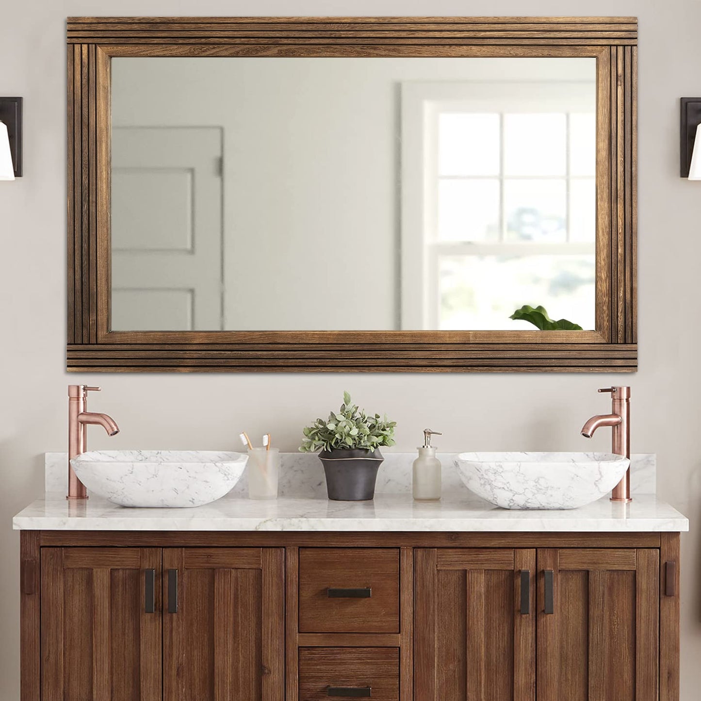 YOSHOOT Hand-Made Wooden Spliced Wall Mirror for Bathroom, Rustic Farmhouse Vanity Mirror, Décor Wall Art, Solid Wood Frame, Vertical or Horizontal Hanging, 60" x 36", Brown