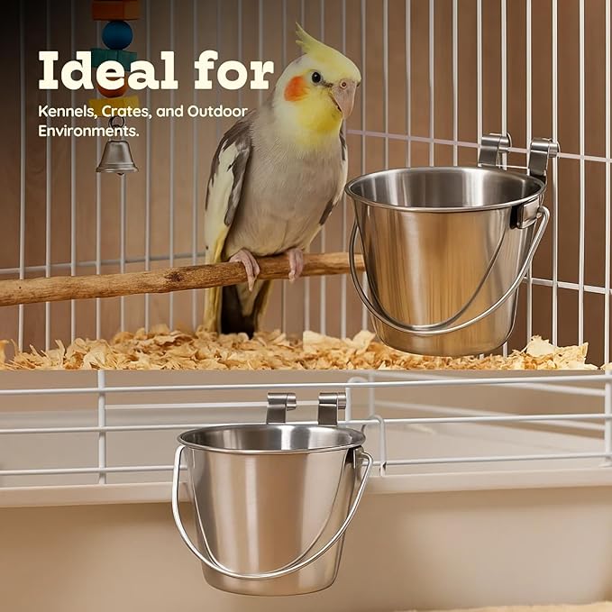 1 Quart Stainless Steel Flat Sided Pail with Dual Hooks | Hanging Bucket for Dog, Cat, Birds & Small Animals | Food & Water Bowl Fits Kennels, Crates & Cages | Multipurpose Use, Pack of 2