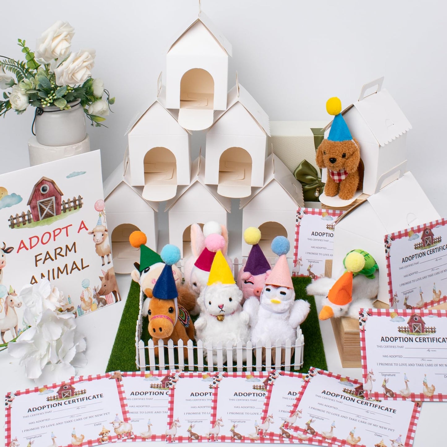 37 Pcs Farm Animal Party Favors Set Mini Stuffed Animals Lawn Foldable White Animal House Fence Birthday Hats Adoption Certificate Card Adopt a Farm Animal Sign Adopt a Pet Party Favors Supplies Gifts