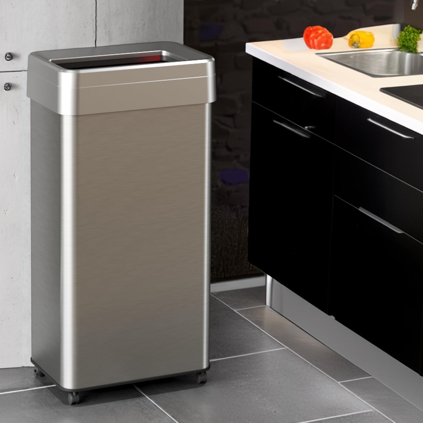iTouchless 21 Gallon Open Top Kitchen Trash Can Recycling Bin with Wheels and Double Odor Filters Rectangular Commercial Stainless Steel 80 Liter Trashcan Home Office Work Bedroom Livingroom Garage